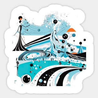 Whimsical Water Drops: A Modern Abstract Black and White Drawing Illustration of a Sky-Blue and Aquamarine Person Sticker
